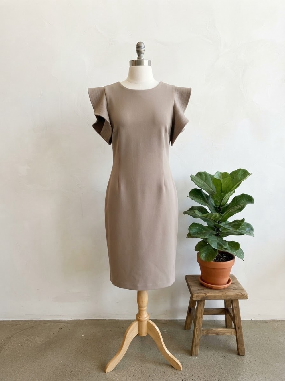 Calvin Klein Taupe Flutter-Sleeve Midi Dress